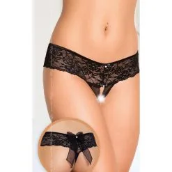 String Ouvert Dentelle Avec Noeud 2403 - Noir